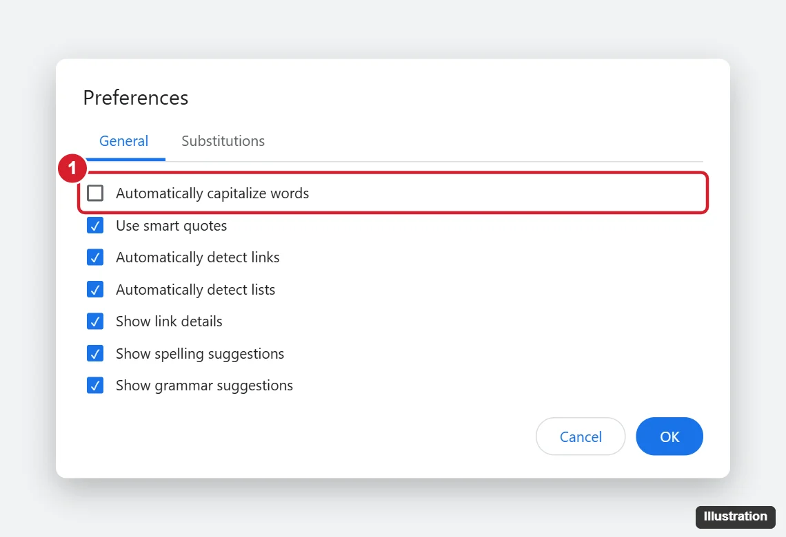 Online document editor Preferences dialog on the General tab with Automatically capitalize words unchecked and highlighted