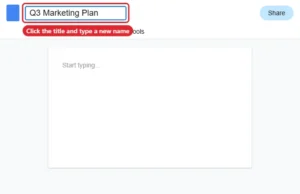 Online document editor with the title box at the top left selected for renaming