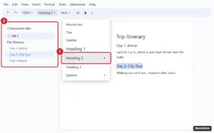 Online document editor with the paragraph style menu open and Heading 2 highlighted, and the document tabs and outline panel on the left listing the headings