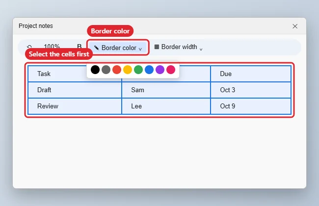 How to Change Table Border Color in Google Docs 1 Document editor with table cells selected and the border colour palette open in the toolbar