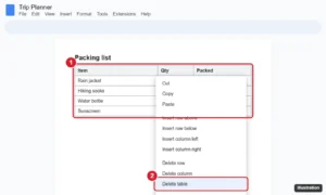 Online document with a table and the right-click menu open showing Delete table highlighted