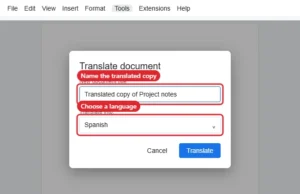 Translate document dialog with a new document title and a target language chosen