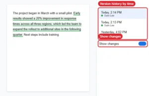 Online document Version history panel listing edits by time and editor with Show changes turned on