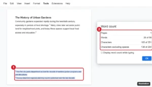 Online document editor Word count dialog showing the word count for selected footnote text with the footnote highlighted