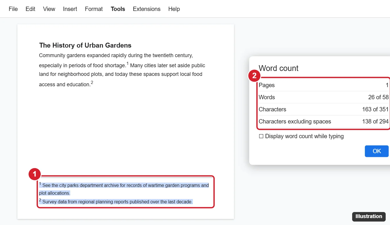 Online document editor Word count dialog showing the word count for selected footnote text with the footnote highlighted