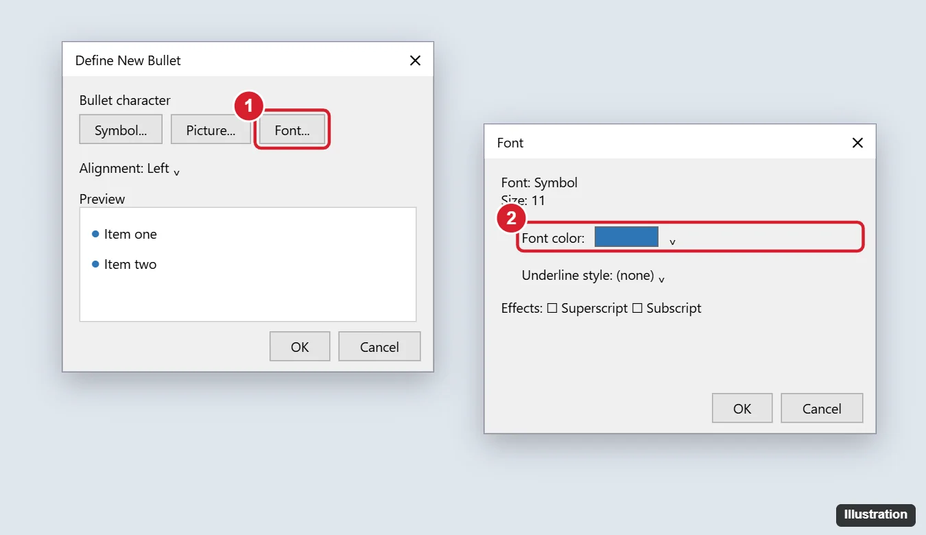 How to Change Bullet Color in Word (Without Changing the Text) 1 Define New Bullet dialog with the Font button highlighted and a Font dialog showing the font color set to blue