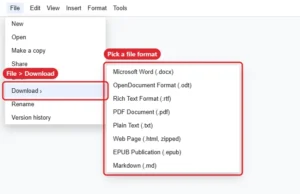 Online document editor File > Download menu listing export formats