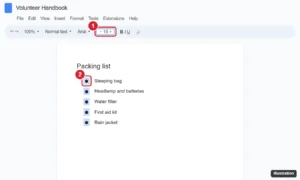Online document editor with all bullet points selected in a list and the toolbar font size box set to 18 to enlarge only the bullets