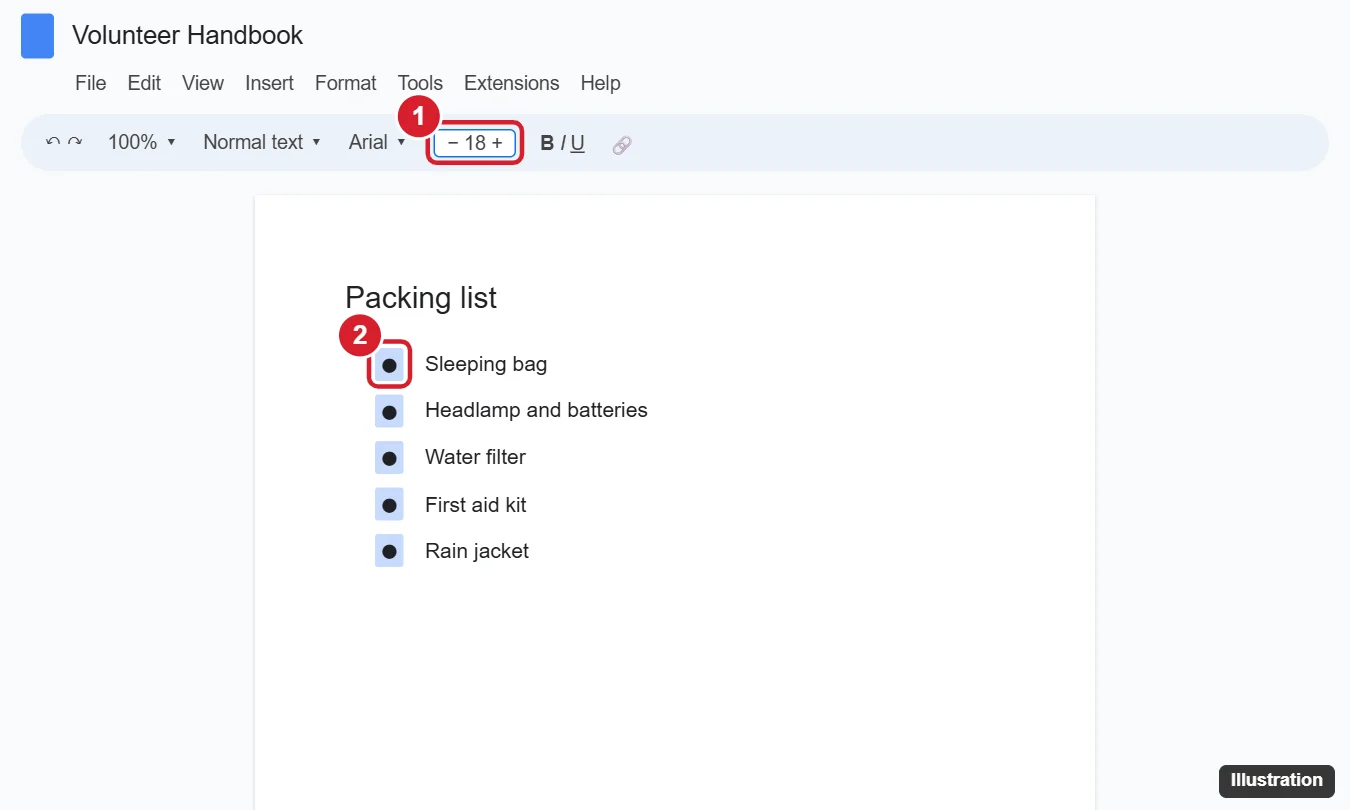 Online document editor with all bullet points selected in a list and the toolbar font size box set to 18 to enlarge only the bullets