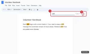 Online document editor with the find box open showing 1 of 3 matches, the matching words highlighted in the document, and the more options button