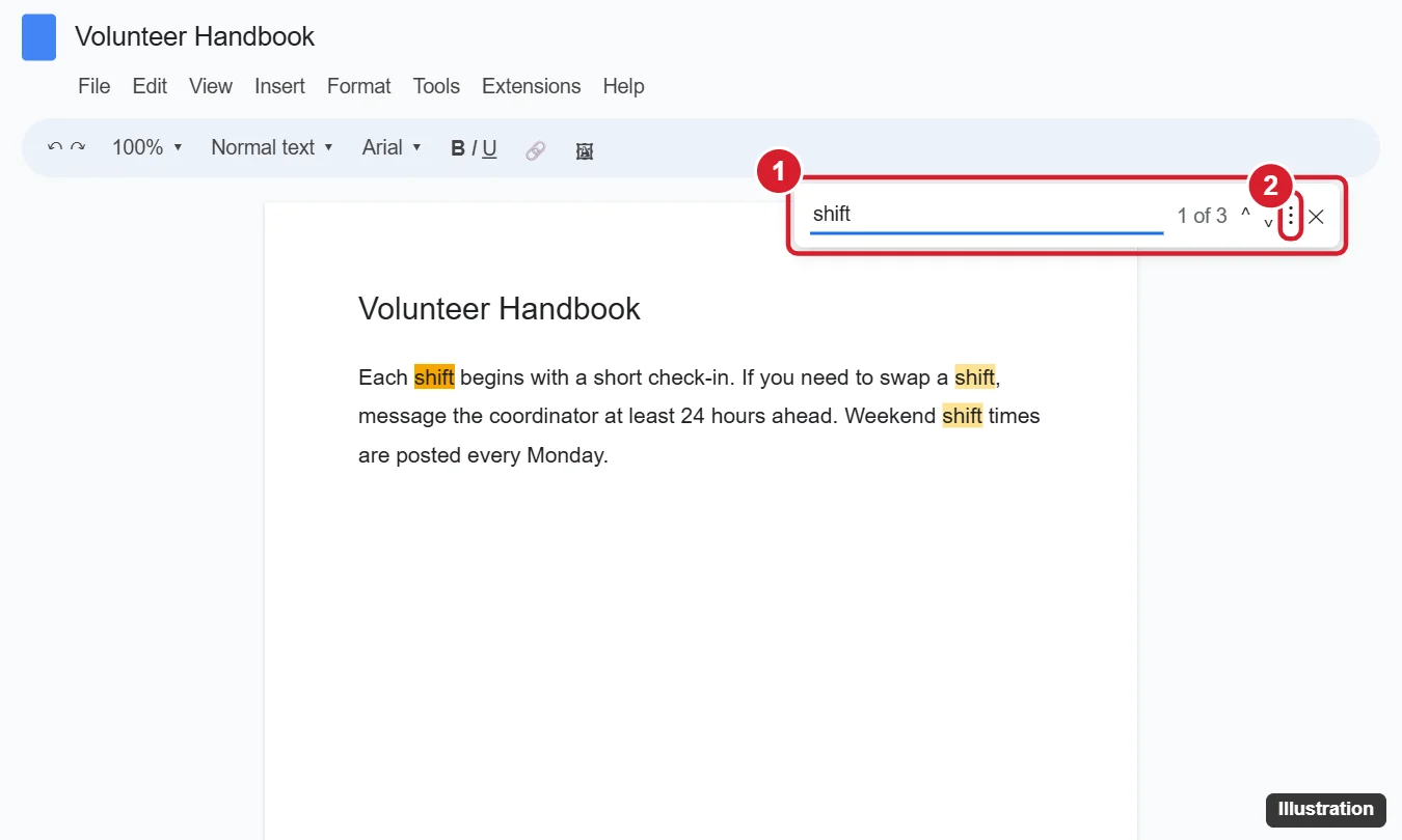 Online document editor with the find box open showing 1 of 3 matches, the matching words highlighted in the document, and the more options button