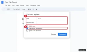 Online document editor Find and replace dialog with a regular expression for two or more spaces, a single space in Replace with, and Use regular expressions checked