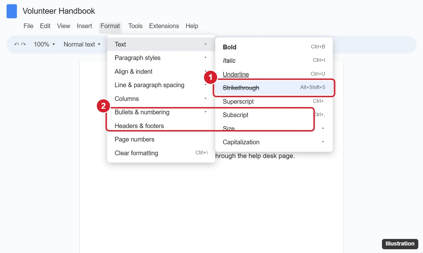 Online document editor Format menu with the Text submenu open and Strikethrough highlighted, and struck-through text in the document