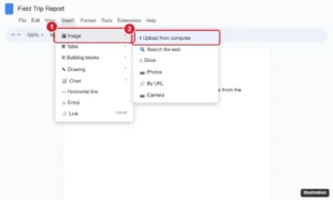 Online document editor with the Insert menu open, Image selected, and the Upload from computer option highlighted