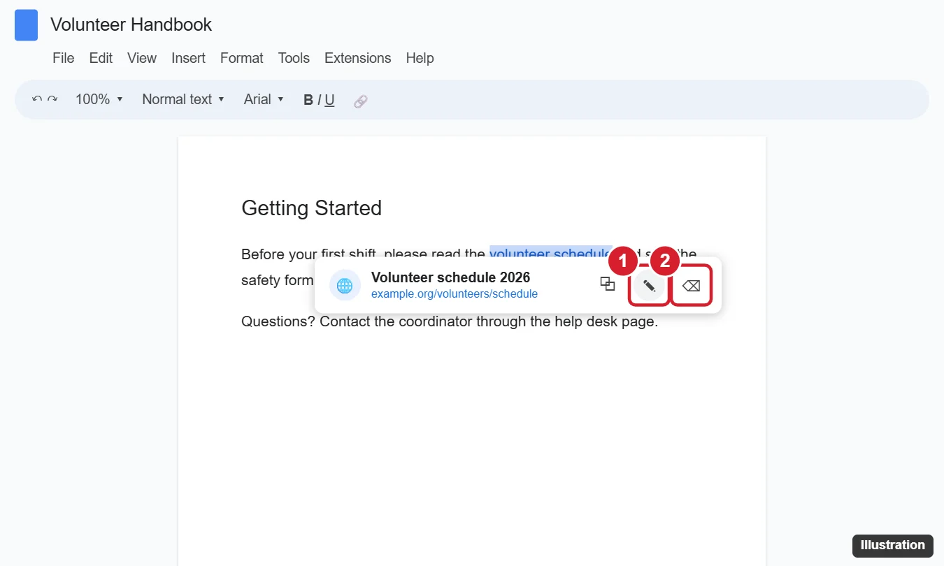 How to Edit a Hyperlink in Google Docs (Computer and Mobile) 1 Online document editor with a hyperlink selected, the link preview card open, and the Edit link pencil button highlighted