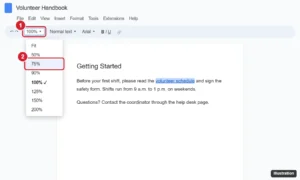 Online document editor with the toolbar zoom menu open showing Fit and percentages from 50 to 200 percent