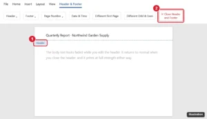 Document in header editing mode with the Header label and the Close Header and Footer button highlighted