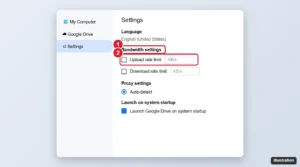 Cloud drive desktop app settings with bandwidth settings and the upload rate limit option highlighted