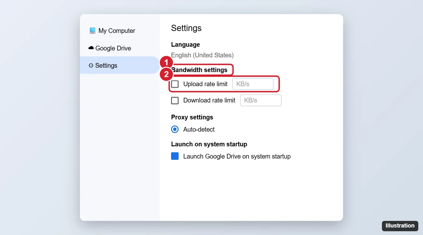 How to Make Google Drive Upload Faster (Proven Tips) 1 Cloud drive desktop app settings with bandwidth settings and the upload rate limit option highlighted