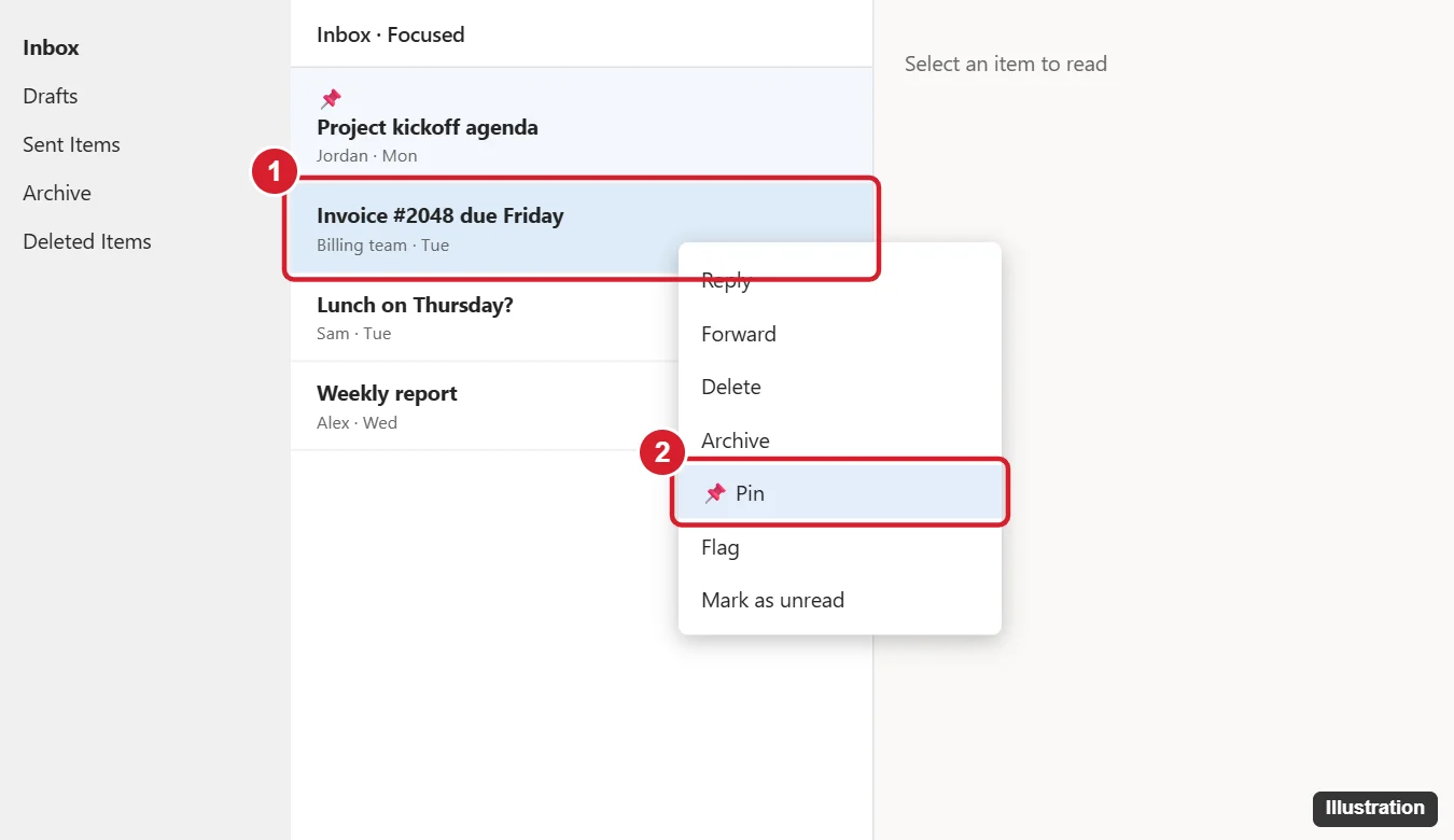 Email app message list with a right-click menu open on a message and the Pin option highlighted