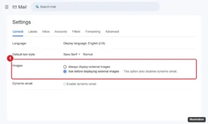 Email Settings General tab with the Images option set to Ask before displaying external images