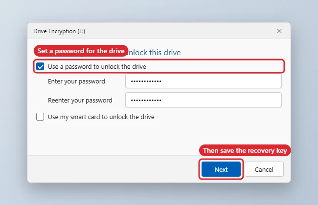 How to Lock a Drive in Windows 11 With BitLocker 1 Drive encryption wizard with Use a password to unlock the drive selected