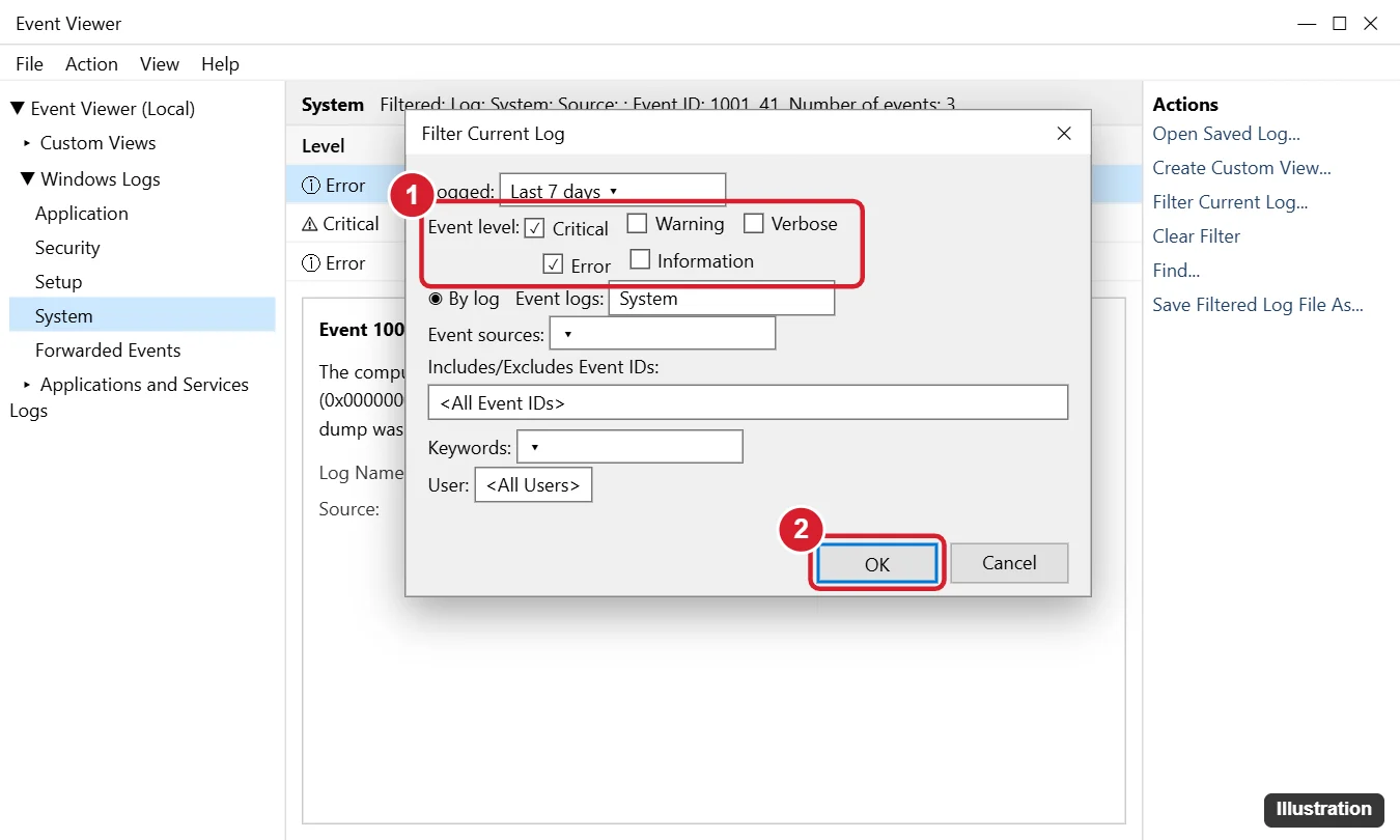 Event Viewer Filter Current Log dialog with Critical and Error levels checked and a Last 7 days time range, with the OK button highlighted
