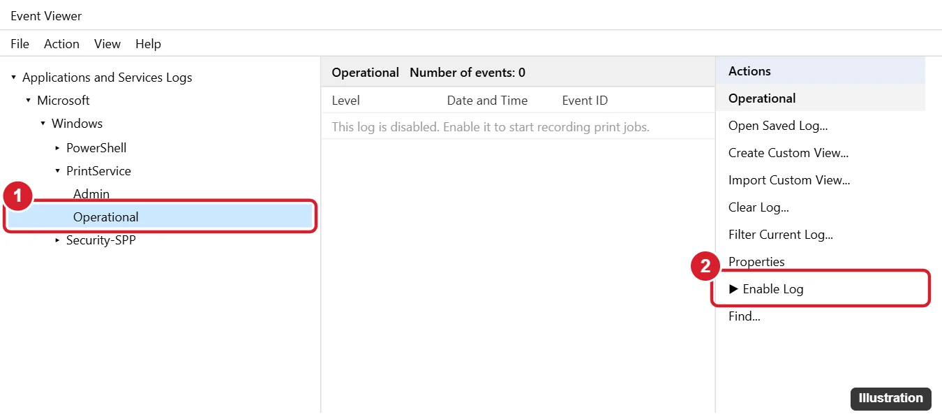 How to Check Print History in Windows 10 1 Windows Event Viewer with PrintService Operational log selected and Enable Log highlighted in the Actions pane