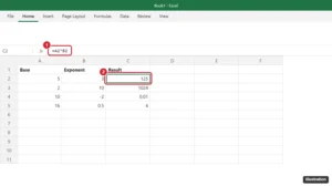 Excel worksheet with the formula =A2^B2 in the formula bar and the result highlighted in column C