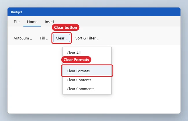 Home tab with the Clear menu open and Clear Formats highlighted