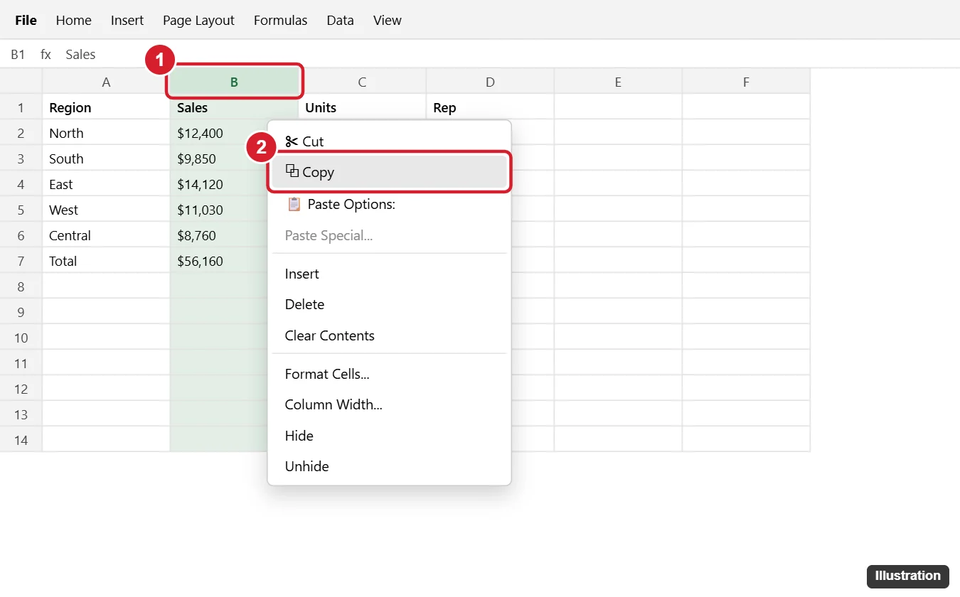 Spreadsheet with column B selected and Copy highlighted in the right-click menu