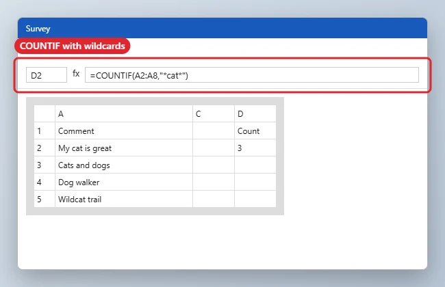 Formula bar showing a COUNTIF formula with wildcards