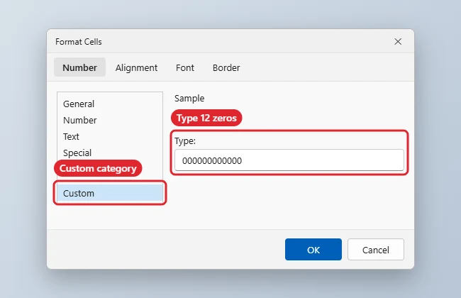 How to Format UPC Codes in Excel 1 Format Cells dialog with Custom selected and a twelve-zero format in the Type box