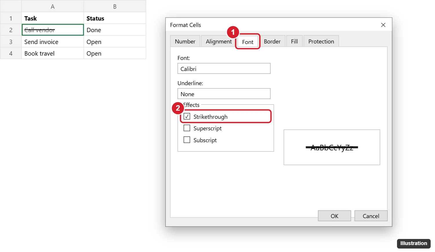 How to Apply Strikethrough to a Cell in Excel 2013 1 Excel Format Cells dialog on the Font tab with the Strikethrough effect checked