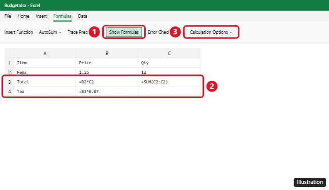 Why Is Excel Showing Formulas Instead of Results? 1 Excel Formulas tab with the Show Formulas button highlighted and cells displaying formulas instead of results, plus Calculation Options