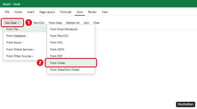 How to Merge Multiple CSV Files Into One (Windows, Mac, and Excel) 1 Excel Data tab with Get Data, From File, and From Folder highlighted for combining CSV files