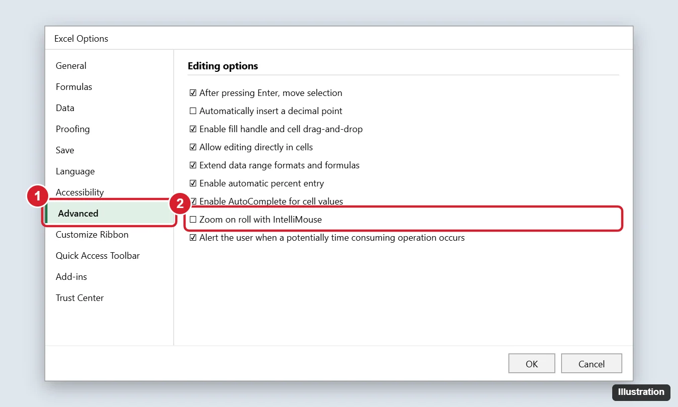 How to Stop Excel From Zooming When You Scroll the Mouse Wheel 1 Excel Options Advanced page with the Zoom on roll with IntelliMouse checkbox cleared and highlighted
