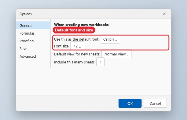 How to Change the Default Font in Excel 2013 1 Excel Options General page with the default font and font size boxes highlighted