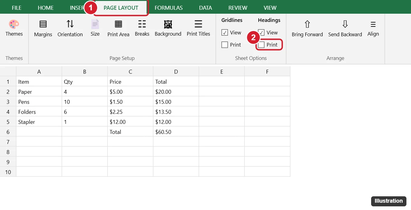 Spreadsheet ribbon on the Page Layout tab with the Sheet Options Headings Print checkbox highlighted