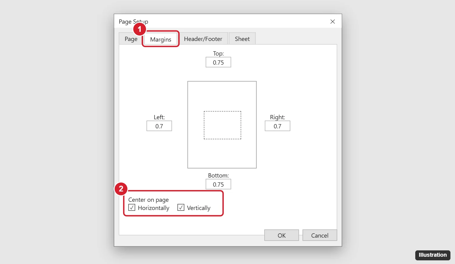 How to Center a Worksheet Horizontally and Vertically in Excel 2010 1 Excel Page Setup dialog on the Margins tab with Center on page Horizontally and Vertically checked