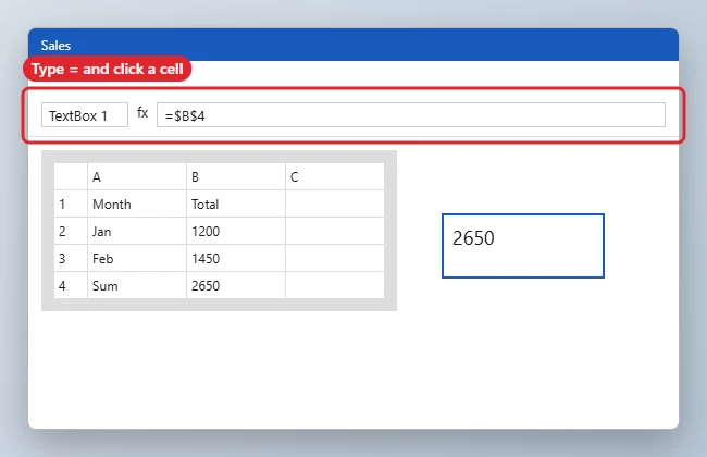 How to Display a Formula Result in a Text Box in Excel 2013 1 Text box selected with a cell reference typed in the formula bar