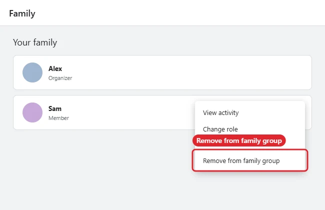 How to Turn Off Microsoft Family Safety on Windows 11 1 Family group web page with the More options menu open and Remove from family group highlighted