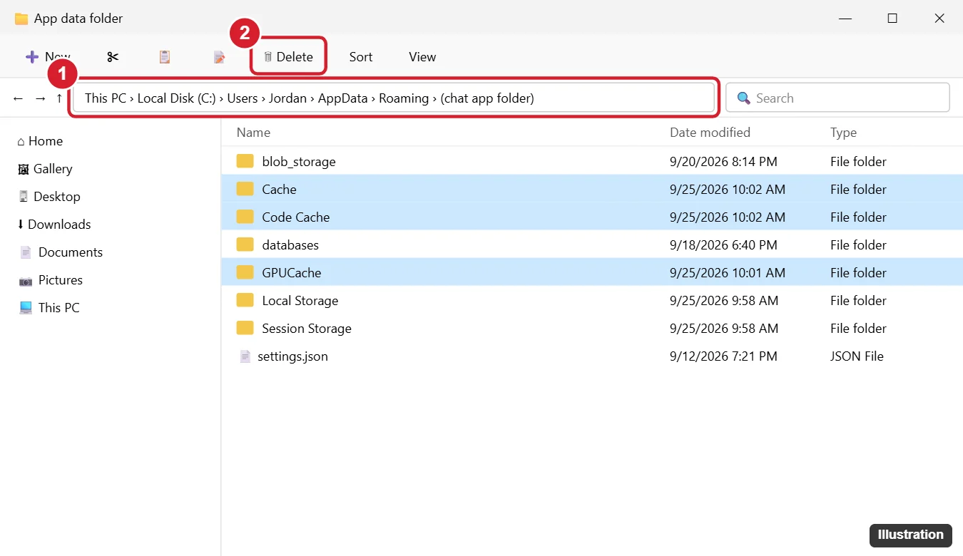 How to Clear Discord Cache on Windows 10 and 11 (Plus Mobile and Mac) 1 File Explorer open to the app data folder with the Cache, Code Cache, and GPUCache folders selected and Delete highlighted
