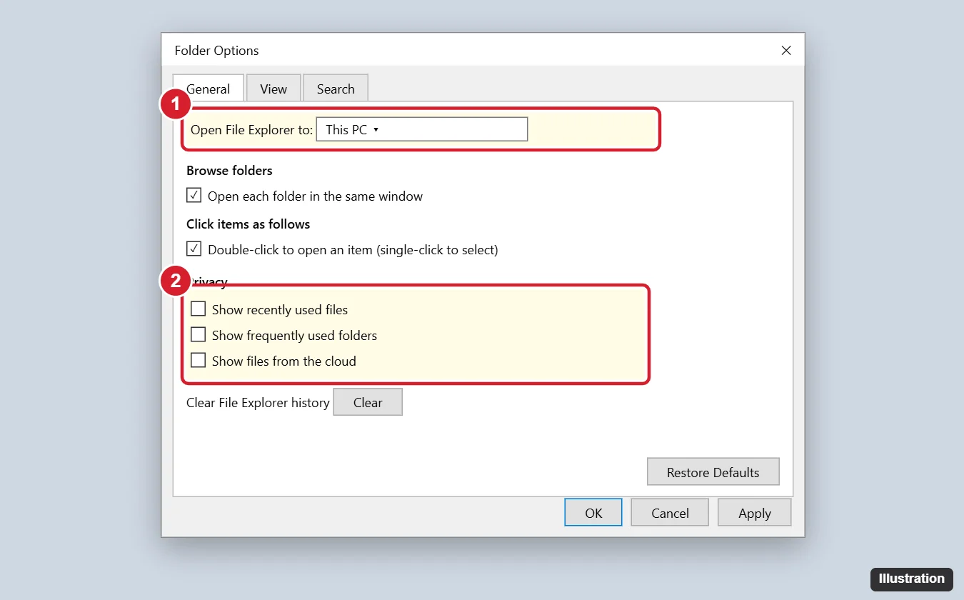 How to Remove Quick Access (Home) in Windows 11 File Explorer 1 Folder Options dialog with Open File Explorer to set to This PC and the privacy checkboxes for recently used files and frequently used folders unchecked