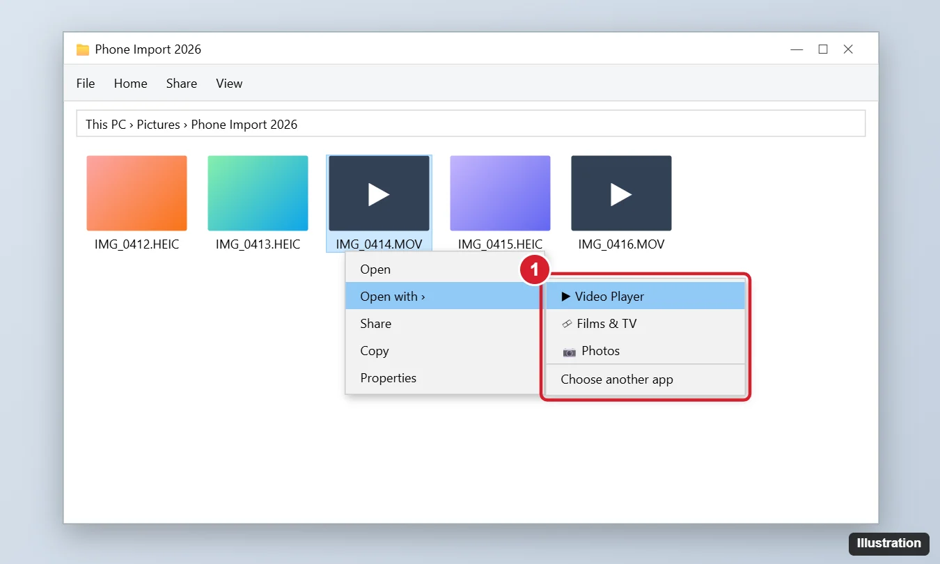 How to Play iPhone HEIC and HEVC Videos on Windows 10 1 File Explorer folder of phone photos and videos with an Open with menu listing a photo viewer and video player apps for a MOV clip