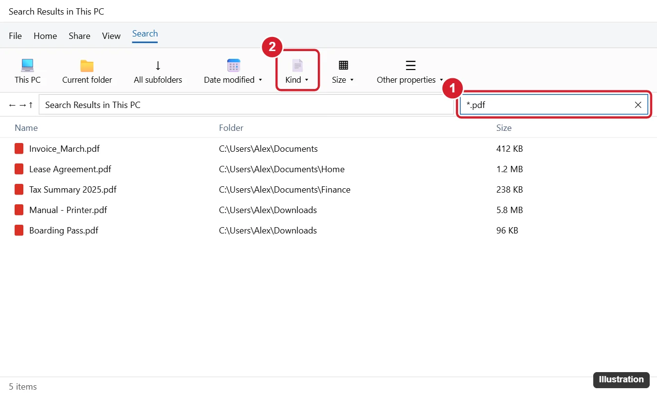 File Explorer searching This PC for star dot pdf with the search box highlighted and matching PDF files listed