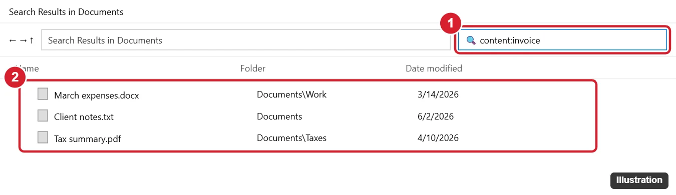 How to Search for a Word on Windows (Pages, Files, and Apps) 1 Windows File Explorer search box with content:invoice typed and matching files listed