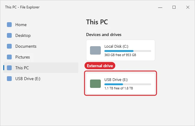 How to Transfer Files From an External Hard Drive to a PC 1 File Explorer This PC view with an external USB drive highlighted