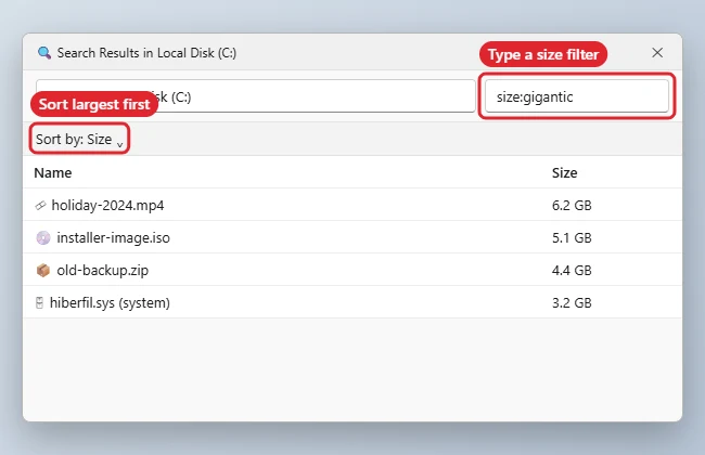 How to Find Large Files on Windows 10 1 File Explorer search using size:gigantic with results sorted by size