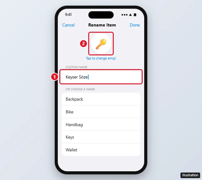 AirTag rename screen in Find My with a custom name and the emoji picker highlighted
